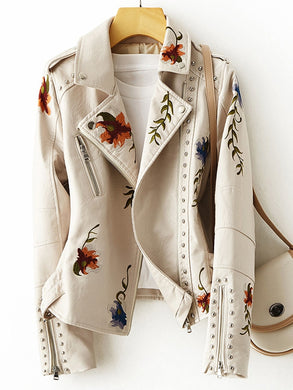 New Women Floral Print Embroidery Soft Leather Jacket/Coat
