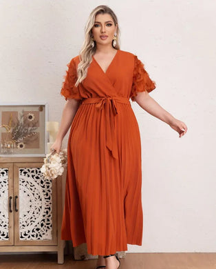 Plus Size Solid Pleated Belted Dress, Elegant Surplice Neck Mesh Stitching