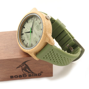 High Quality Silicone Strap Green Wooden Watch
