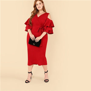 Plus Size Red Cold Shoulder Ruffle Dress 2019