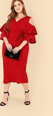 Plus Size Red Cold Shoulder Ruffle Dress 2019