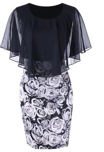 Casual Plus Size Rose Print Chiffon Dress