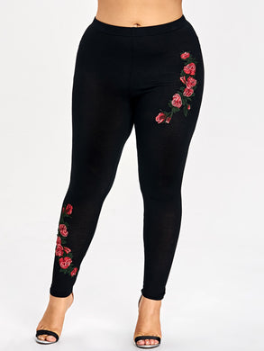 Red Flower Embroidery Leggings