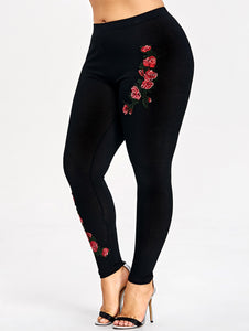 Red Flower Embroidery Leggings