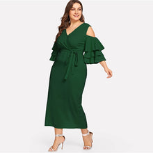 Load image into Gallery viewer, Belted Green Ruffle Wrap Maxi