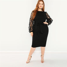 Load image into Gallery viewer, Elegant Black Pencil Dress With Applique Mesh Lantern Sleeve