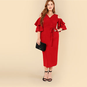 Plus Size Red Cold Shoulder Ruffle Dress 2019
