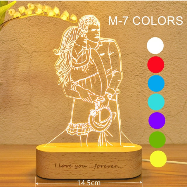3D USB Customized Photo Lamp With Wooden Base