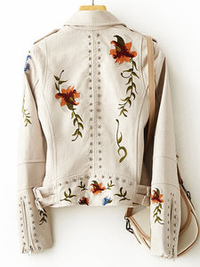 New Women Floral Print Embroidery Soft Leather Jacket/Coat