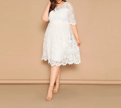 White Embroidered Mesh Overlay Dress