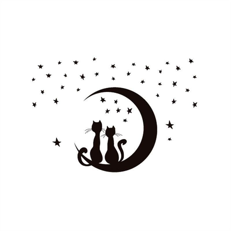 Two Cats Sitting on Moon Enjoying Stars Moonlight Wall Sticker