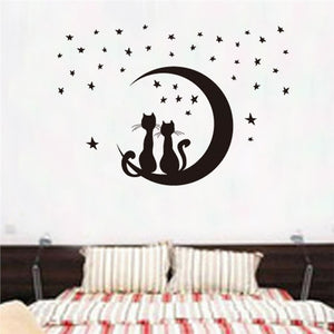 Two Cats Sitting on Moon Enjoying Stars Moonlight Wall Sticker