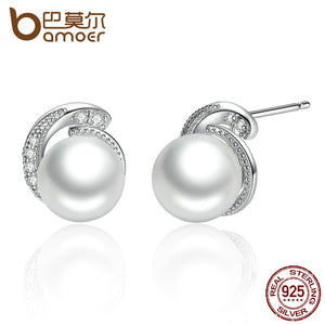 925 Sterling Silver White Pearl Push-back Stud Earrings