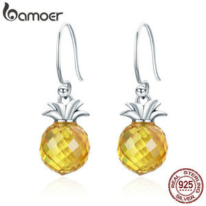100% 925 Sterling Silver Hanging Pineapple Crystal Earrings