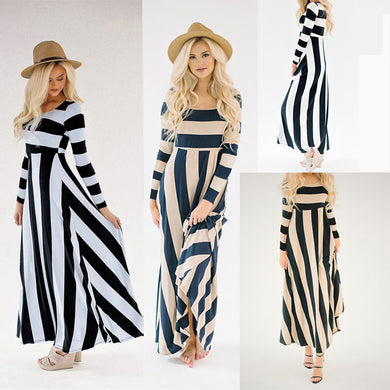 Women Long Sleeve Striped Maxi Dress Evening Party Long Dress
