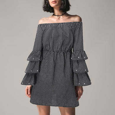Off Shoulder Strapless Striped Ruffles Dress 2019