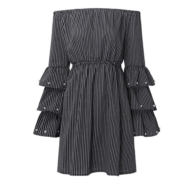 Off Shoulder Strapless Striped Ruffles Dress 2019