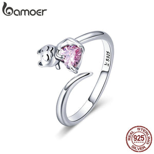 Authentic 925 Sterling Silver Adorable Cat Pink Ring