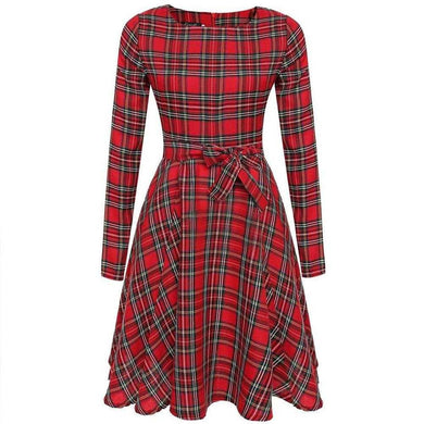 Women Retro Vintage Long Sleeve Plaid Cocktail Evening Party Waist Long Dress