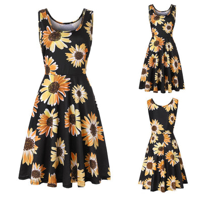 Women Sleeveless Printing Summer Beach A Line Casual Dress Floral Dress