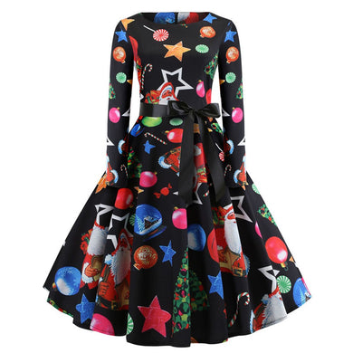 Women's Vintage Print Long Sleeve Christmas Evening Party Swing Dress